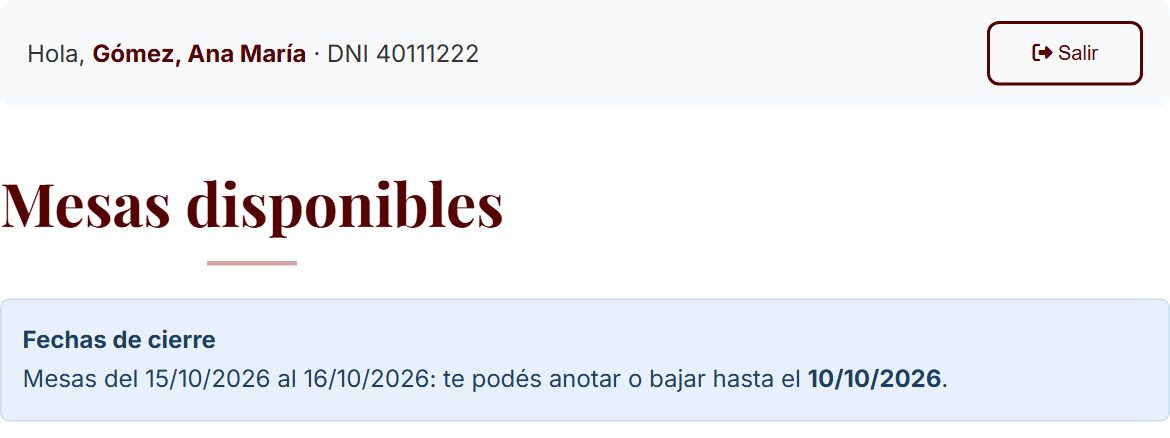 Recuadro que dice Hola, Gómez, Ana María, DNI 40111222, con un botón Salir, y el aviso con la fecha de cierre.